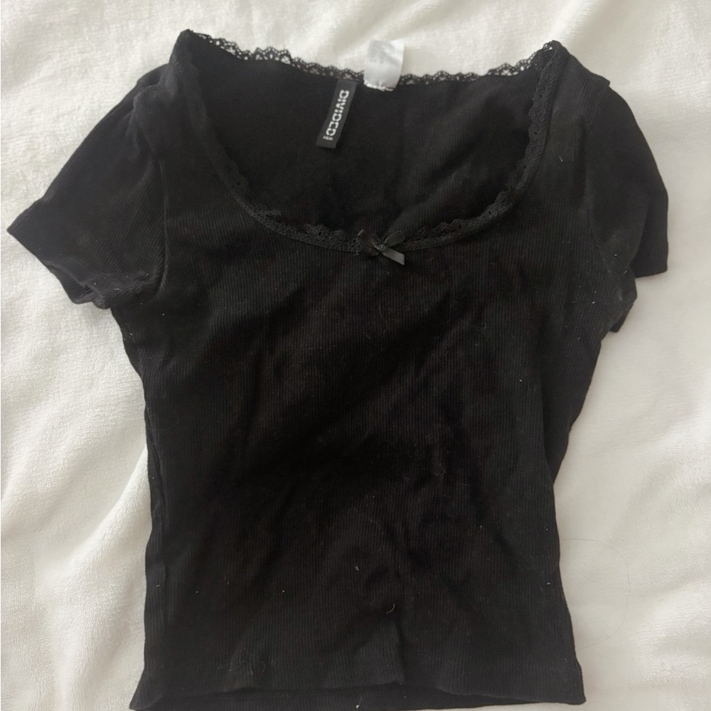H&M Black Short Sleeve Top with Lace Detail